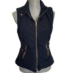 Zara Woman Diamond Quilted Vest - Navy w/ Brown - Gold Hardware Full Zip - Large